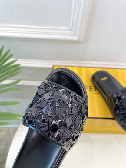 FENDI THICK SOLE 3 CM SEQUIN SLIPPER BLACK
