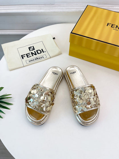 FENDI THICK SOLE 3 CM SEQUIN SLIPPER GOLDEN