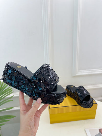 FENDI THICK SOLE 6 CM SEQUIN SLIPPER BLACK