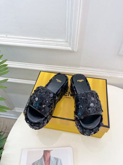 FENDI THICK SOLE 6 CM SEQUIN SLIPPER BLACK