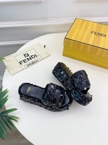 FENDI THICK SOLE 6 CM SEQUIN SLIPPER BLACK
