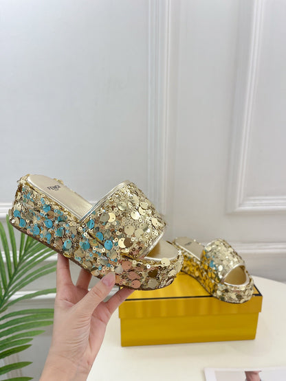 FENDI THICK SOLE 6 CM SEQUIN SLIPPER GOLD