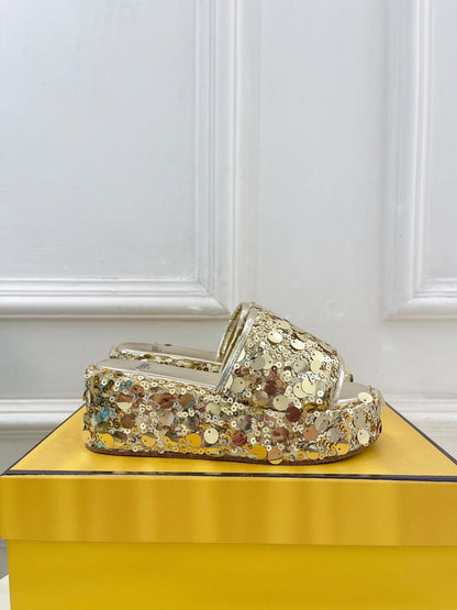 FENDI THICK SOLE 6 CM SEQUIN SLIPPER GOLD