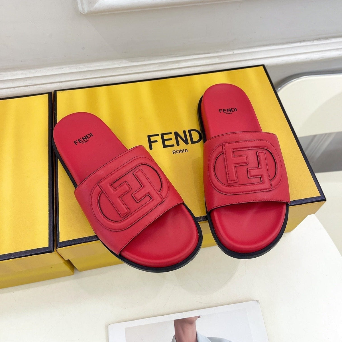 FENDI LOGO SLIDES IN CHERRY RED CALFSKIN