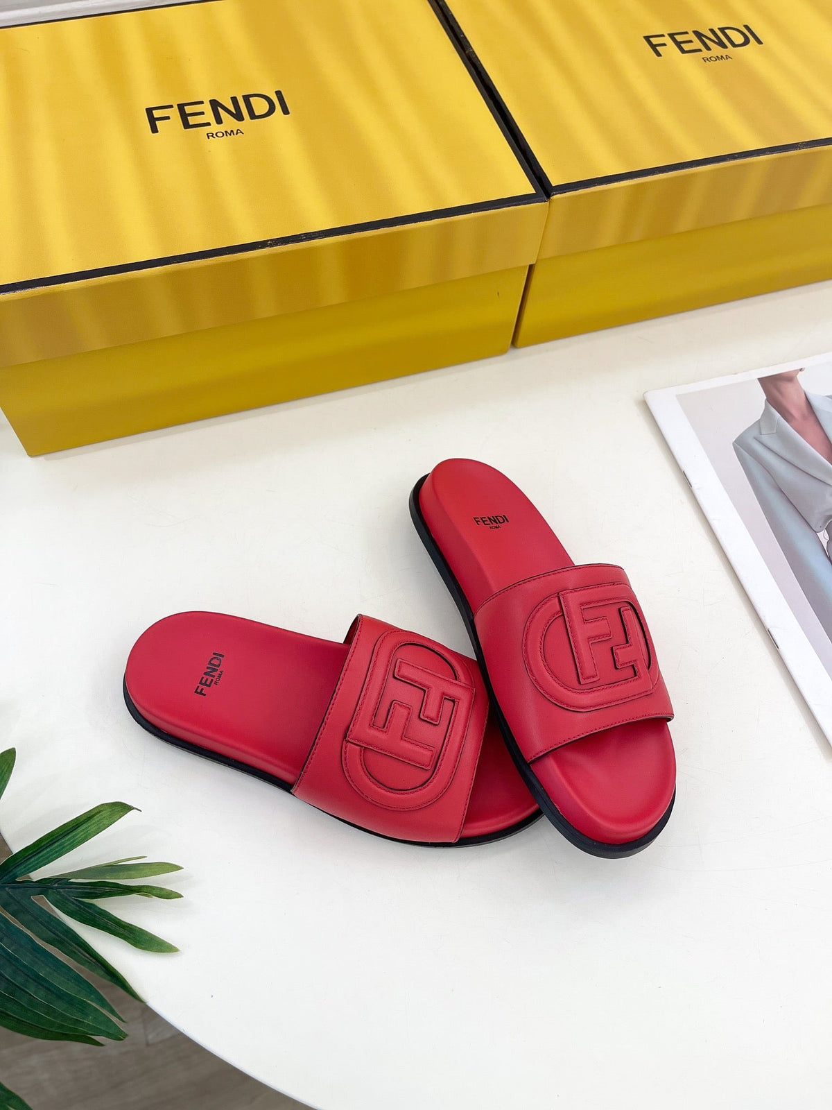 FENDI LOGO SLIDES IN CHERRY RED CALFSKIN