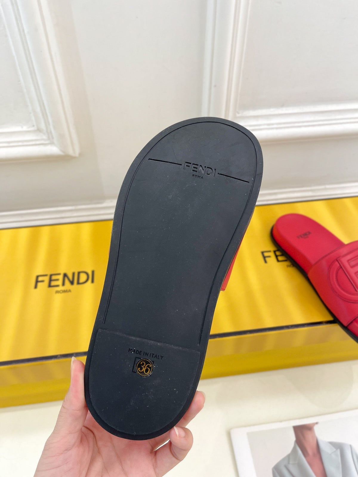 FENDI LOGO SLIDES IN CHERRY RED CALFSKIN