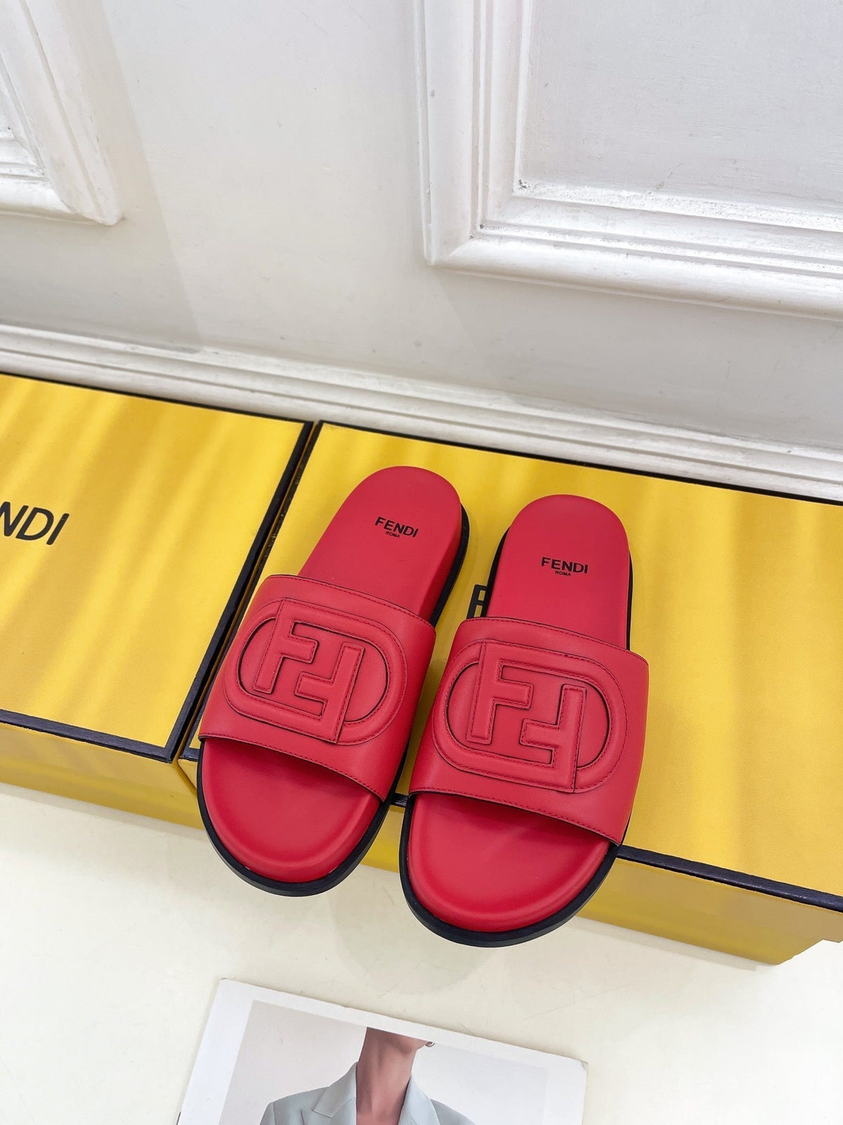 FENDI LOGO SLIDES IN CHERRY RED CALFSKIN