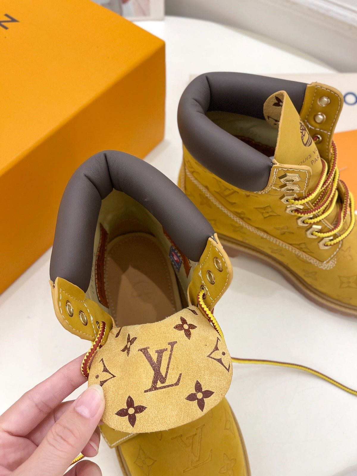 LV X TIMBERLAND MARTIN BOOT IN PEANUT BROWN MONOGRAM SUEDE