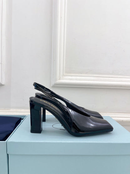 SQUARE TOE SLINGBACK PUMPS IN BLACK GLOSSY CALFSKIN
