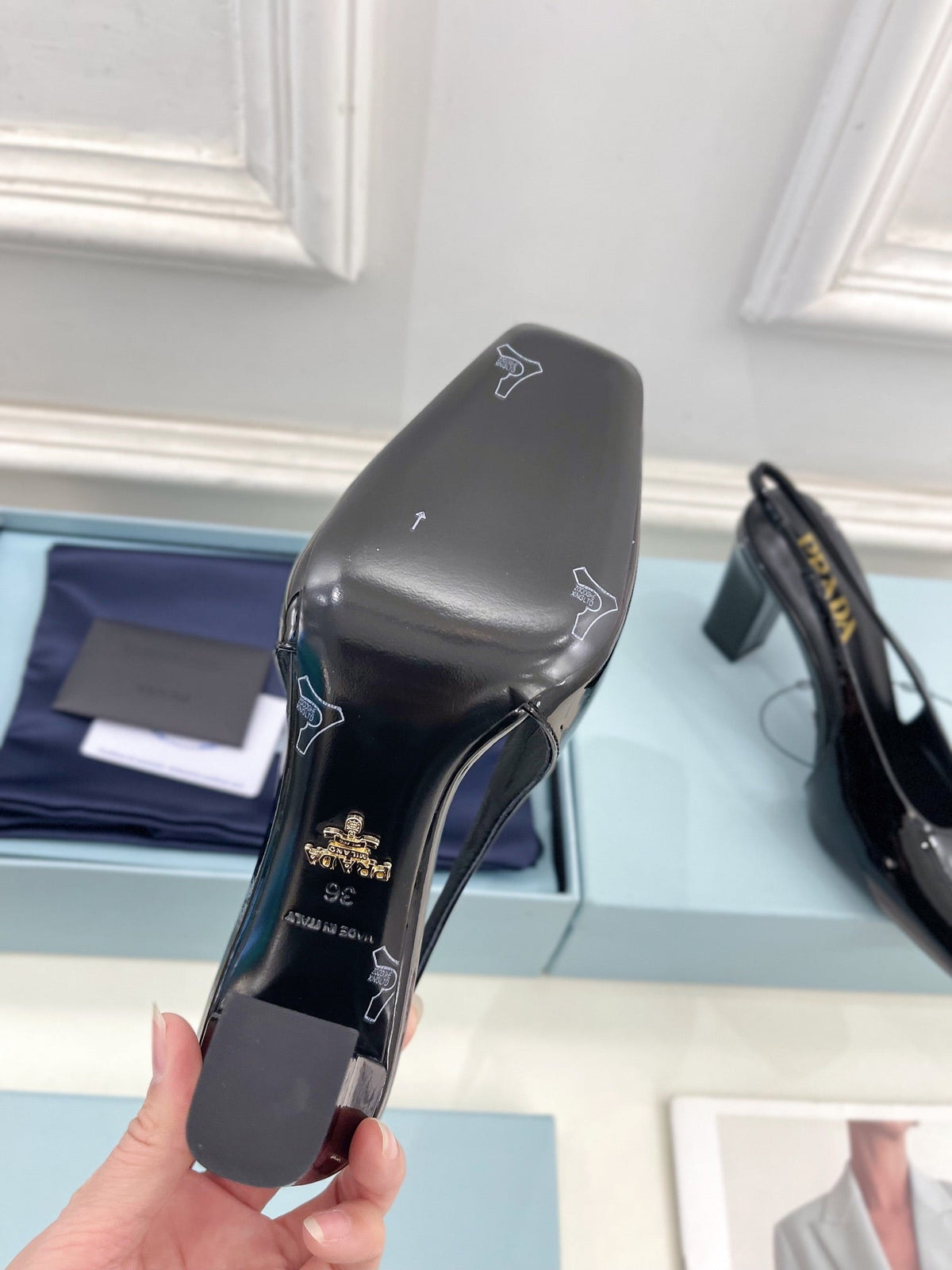 SQUARE TOE SLINGBACK PUMPS IN BLACK GLOSSY CALFSKIN