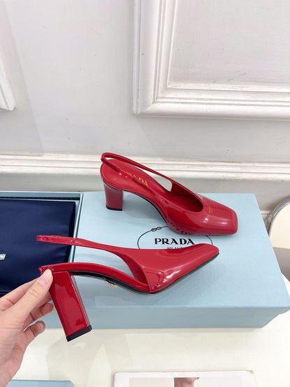 SQUARE TOE SLINGBACK PUMPS IN CRIMSON RED GLOSSY CALFSKIN