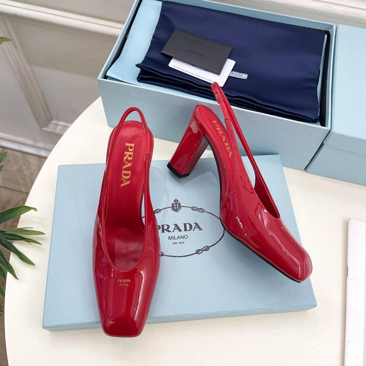 SQUARE TOE SLINGBACK PUMPS IN CRIMSON RED GLOSSY CALFSKIN