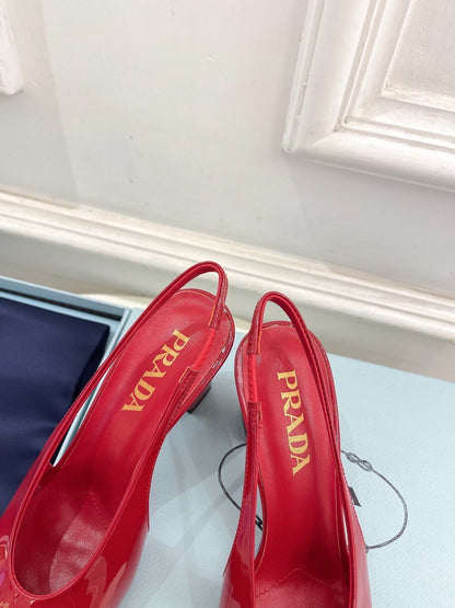 SQUARE TOE SLINGBACK PUMPS IN CRIMSON RED GLOSSY CALFSKIN