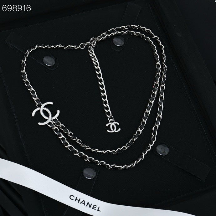 NECKLACE DOUBLE C IN BLUE DENIM BLACK SILVER TWO-LAYER