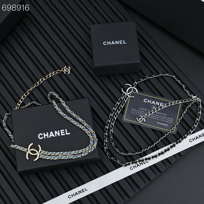 NECKLACE DOUBLE C IN BLUE DENIM BLACK SILVER TWO-LAYER