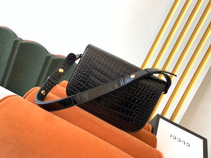 GG 1955 Horsebit Bag 25cm Black Crocodile Leather Gold Hardware