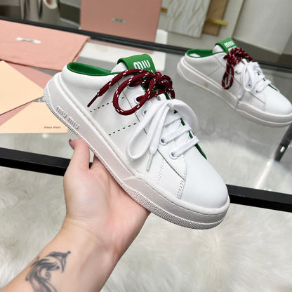 SNEAKER MULES IN WHITE MIX GREEN CALFSKIN WHITE RED LACES