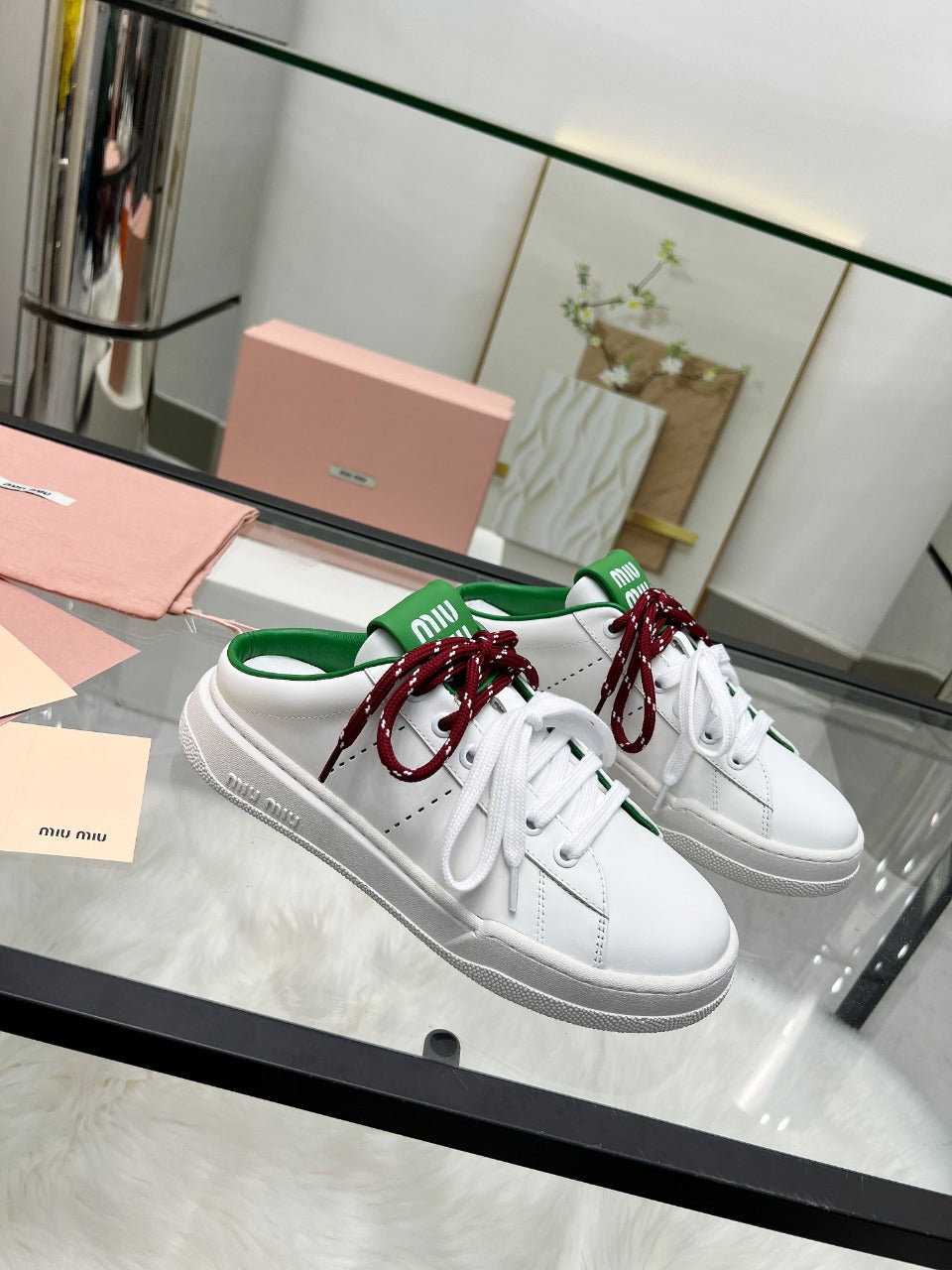 SNEAKER MULES IN WHITE MIX GREEN CALFSKIN WHITE RED LACES