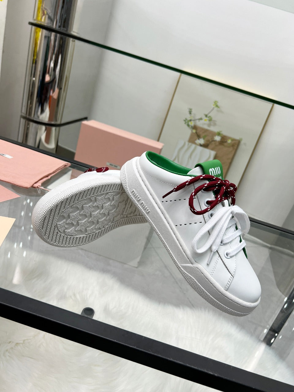 SNEAKER MULES IN WHITE MIX GREEN CALFSKIN WHITE RED LACES