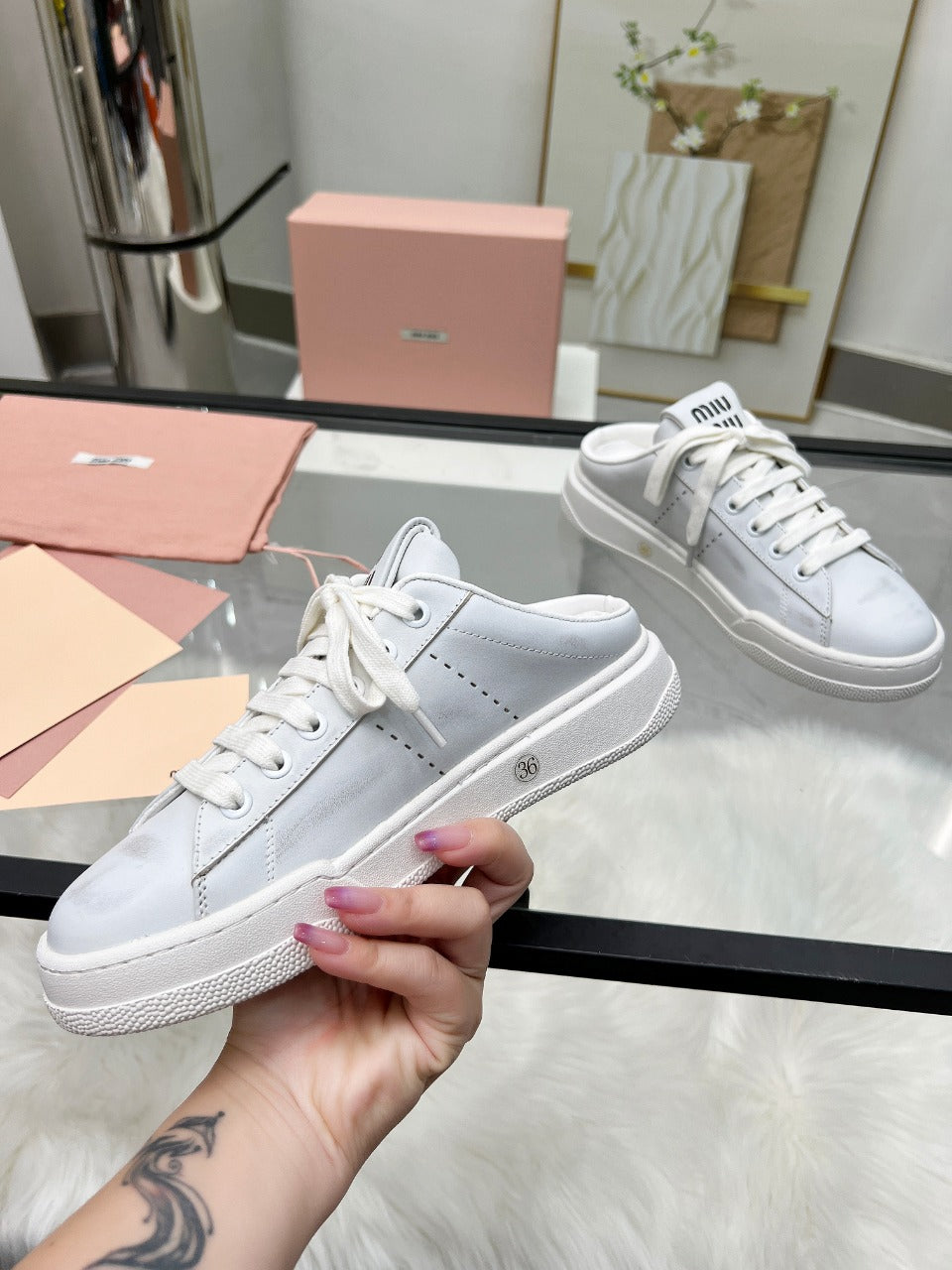 SNEAKER MULES IN WHITE BLEACHED CALFSKIN